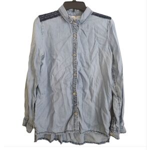 Holding Horses Anthropologie Tencel Embroidery Light Blue Button-Up Shirt Medium